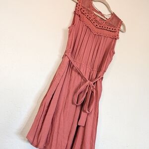 High-neck Dusty Rose Dress Crochet Yoke BOHO Prairie Cottagecore SoftGirl Spring